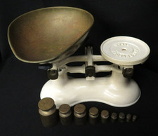 Vintage Boots Nottingham White Cast Iron Kitchen Weighing Scales + Brass Weights