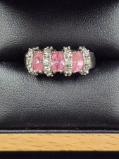 14 Karat White Gold Ring with Three Pink Sapphires and CZ Stones  - Size Q
