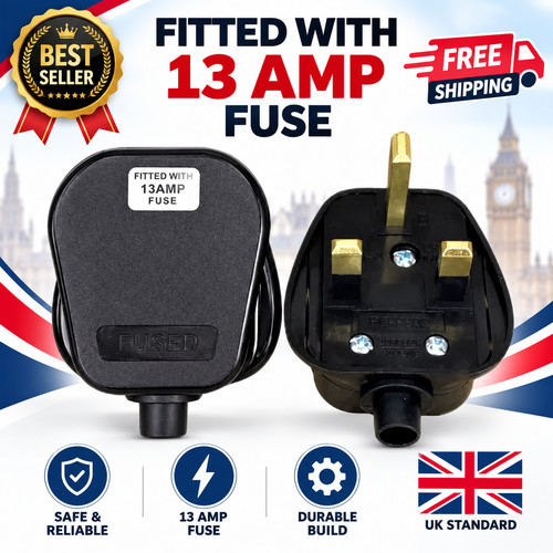 Black mains plug 13a pin - plug, 3