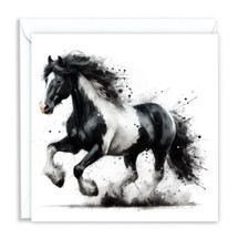 COB BLACK AND WHITE HORSE WATERCOLOUR SPLASH EFFECT ARTISTIC BLANK GREETING CARD