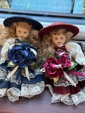 Old China Doll Blue And Red With Lace Dress And Hats Curly Hair Roses