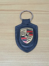 Vintage Genuine Porsche Black Leather Crest Keyring Keychain 