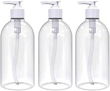 PACK 3 x 500ml Clear PET Empty Refillable Shampoo Bottles With Pump Dispensers