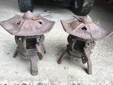 Pair Of Vintage Chinese Cast Iron Pagoda Lamp Garden Patio Tea Lights (10 inch)