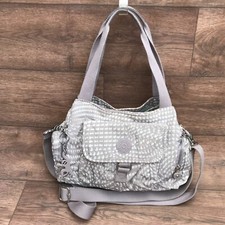 KIPLING FAIRFAX GREY WHITE FABRIC HANDBAG WITH CROSSBODY STRAP AND MONKEY CHARM