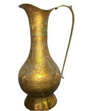 Indian Brass Water Jug Flagon Vintage Engraved Decorative design Etched 29cm