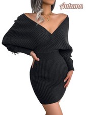 Womens Twist Cable Knitted V Neck Jumper Ladies Long Sleeve Winter Sweater Dress