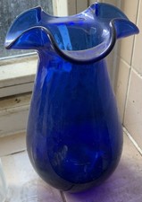 Hand blown Cobalt blue vase, with wavy design 