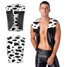 Mens Top Clubwear Vest Theme Cow Print Guy Wild Cowboy Costume Waistcoat Party