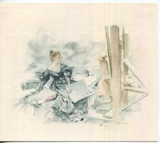 Antique Victorian Woman Artist Canvas Easel Painting Picture Plein Small Print