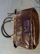 Etienne Aigner Croc Embossed Leather Shoulder Bag Purse Dark Brown Large