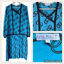 VINTAGE Teal Satin Dress - Size 12 - Drop Waist 80s Pleated Skirt Midi Retro