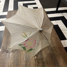 Vintage ivoryFABRIC SILK Parasol Umbrella Flowers w/ Wood Handle 
