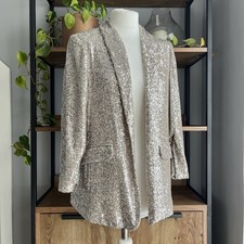 M&S Sequin Jacket 14 Champagne Silver Blazer Ruched Sleeves Open Front Worn Once