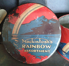 MACKINTOSH'S RAINBOW ASSORTMENT large empty vintage sweet tin red blue and cream