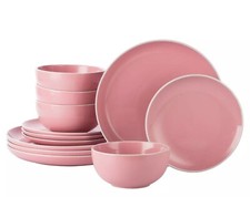 12pc Pink Dinner Set Stoneware Crockery Large Dinner Plates Bowls Service for 4