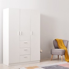 White 3 Door 3 Drawer Triple Wardrobe with Storage Shelves Hanging Rail Bedroom