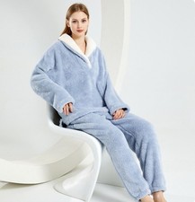 Ladies Luxurious Blue Fluffy Loungewear Pyjamas Set with Cosy Collar and Pockets