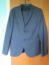 Jeff Banks Brit Navy 2 Piece Checked Super Slim Fit Suit: 38" Chest, 34" W Long