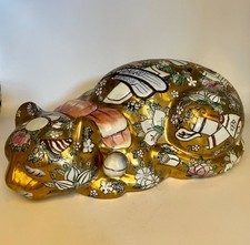 Large Vintage Japanese Sleeping Cat 9.5" Porcelain Floral Hand Painted Figurine