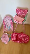 ELC Cupcake baby doll bundle: highchair, rocker chair, carrier and carry cot.