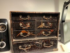 Antique Japanese Black Lacquer Jewellery Trinket Box 7 Drawer Chest 27 cm