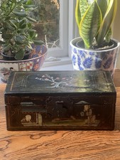 Vintage Chinese Hand Painted Box , Black Lacquered Box With Lid