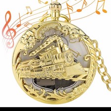 Retro Train Case Pocket Watch Necklace Vintage Hollow Fob Watch with Music Box