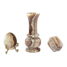 Polished Onyx Marble Ornament Set – Vase, Egg & Paperweight –Natural Stone Décor