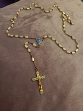 Vintage 1930s French Rosary Beads Gold Tone MoP  Blue Enamel