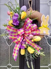 Easter Spring Burlap Wreath, Handmade Door Wreath, Artificial Flower Door Decor