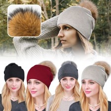 Women Winter Warm Cashmere Wool Knitted Real Fur Pom Pom Ball Beanie Hat UK