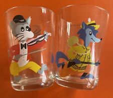 2 Vintage Retro 1950s Luminarc Glass Tumblers Drinking Glasses Cartoon Cat Fox