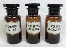 Antique Apothecary Jars / Bottles x 3 Amber, Cut Glass Octagonal Stoppers