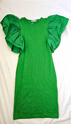 Zara green round neck ruffle - green,