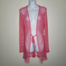 Pink open knit net tie front