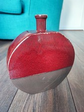 Large Red Ceramic Vase Squat Round 24x20cm Vintage Used Great Condition