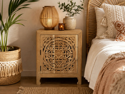 Carved teak bedside cabinet - teak,