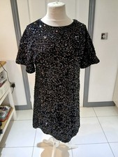 TU @ Sainsbury Ladies Black Sequin Shift Dress Size 14, lined, tie back, pull on