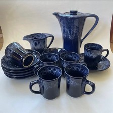 Kernewek Pottery, Cornwall, honeycomb pattern in blue coffee set