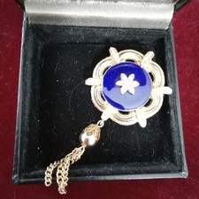 Vintage Victorian Revival Blue Glass Faux Pearl Gold Tassle Dropper  Brooch