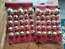 Pair of new full size red leather Morris dance bell pads with brass finish bells
