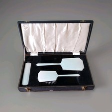 Fattorini Deco Cased Silver Plate Guilloche Enamel Mirror & Brush Vanity Set 