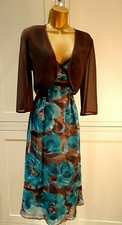 Phase Eight Special Occasion Silk Chiffon Summer Dress+ Shrug UK 10  Jade+ Brown