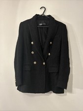 ZARA BLACK TEXTURED BOUCLE WOVEN FITTED BLAZER JACKET SIZE M MEDIUM 8 10