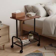 Mobile Side Table Rolling Utility Cart Bedside Table w/ Storage Basket Organizer