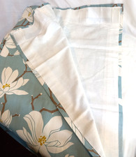 Duck Egg Blue Curtain Pair Cotton Floral Pole Top Lined Weighted Hand Made VGC