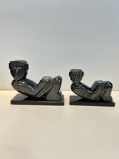 Pair of Vintage Carved Mayan Mexican black Obsidian Stone Chac-Mool statues