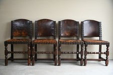 4 Antique Cromwellian Style Leather Oak Dining Chairs