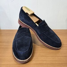 Mens Blue Suede Penny Loafers Size 9.5  Moc Toe Rubber Sole Slip On Dress Shoes